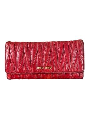 MIU MIU Matelassé Leather Wallet in Rubino Red Napa Lambskin with Gold-Tone Logo